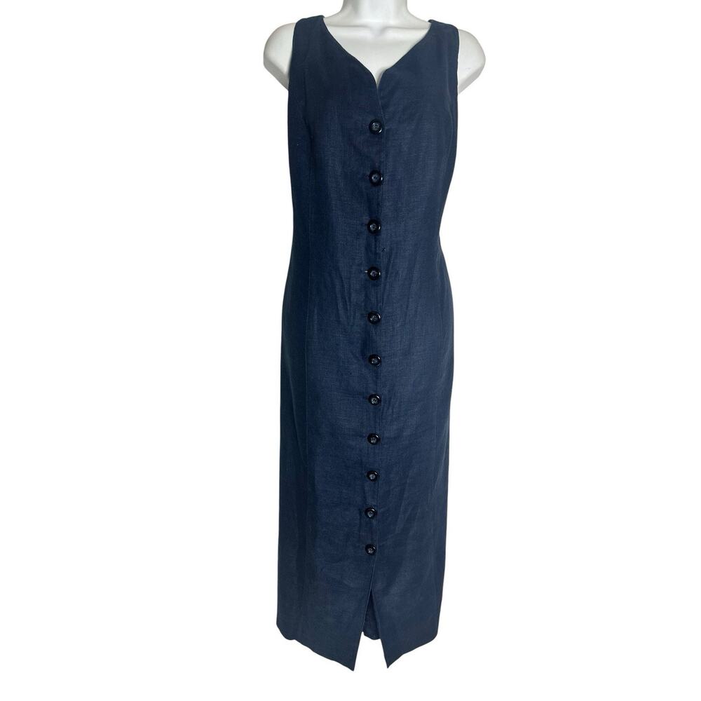 Vtg 90s Navy Blue 100% Linen Maxi Dress Button Front Open Back Resort Coastal 14 - Picture 8 of 15